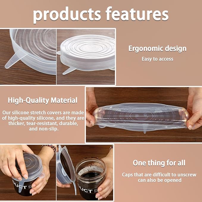 Silicone Stretch Lids, 6 Pcs, 8.07in | Reusable and Durable, Silicone Container Covers, Food Storage, Expandable Bowl Covers, Dishwasher & Freezer Safe