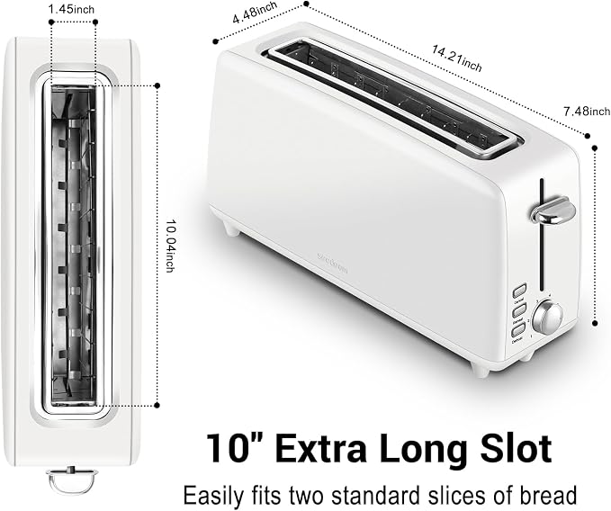 SEEDEEM Stainless Steel Toaster 2 Slice Slim, 10" Long Slot, 6 Shade, White