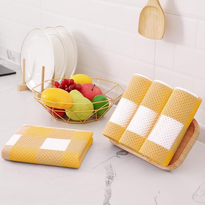 Homaxy Kitchen Towels and Dishcloths Set, Set of 8, White & Golden Yellow | Bulk Cotton Waffle Weave Check Plaid Kitchen Towels, Super Soft and Absorbent Dish Cloths, 12 x 12 and 13 x 28 Inches