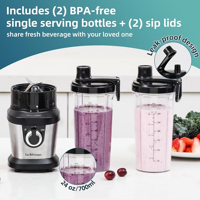 La Reveuse Smoothie Blender with 2 x 24oz To-Go Cups, 400W, Stainless Steel | Personal Size For Protein Shakes, Smoothies, Ice Crushing, BPA-free Cups and Spout Lids, Dishwasher Safe, 1 Speed and Pulse