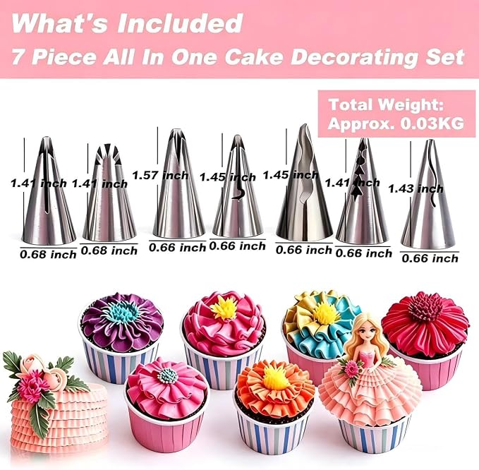 10Pcs Pleated Skirt Ruffle Piping Tips, 304 Stainless Steel Vintage Nozzles with Coupler, Cleaning Brush & Reusable Silicone Piping Bags for Cupcakes, Cookies & Pastry