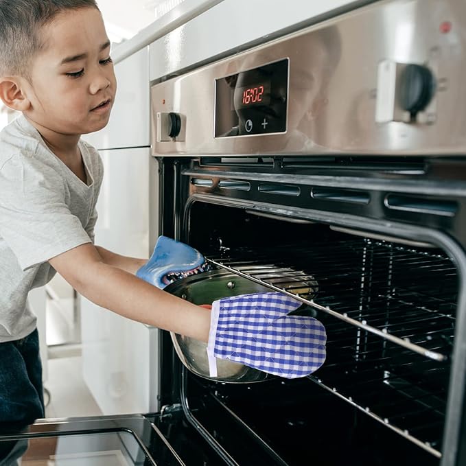2Pcs Oven Mitts for Play Kitchen, Anti- Scald Gloves Microwave Oven Gloves Kitchen Mitts for Safe Baking Cooking (Dark Blue Checkered)