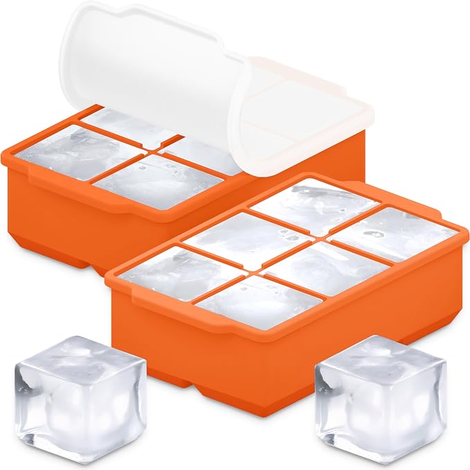 KitchFort® Large Silicone Ice Cube Tray (2-Pack) - 2" Big Ice Mold with Lid | Easy Release, Cocktail, Whiskey Ice Cubes Mold - Food Grade - Ice Cube Trays for Freezer - Stackable Silicone Ice Tray
