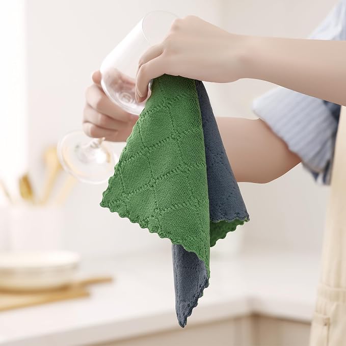 Homaxy 12 Pack Super Soft Dish Cloths, 10" x 10", Dark Grey & Grass Green | Coral Velvet, Nonstick Oil Fast Drying Microfiber Cleaning Cloth, No Lint Household Dishcloths