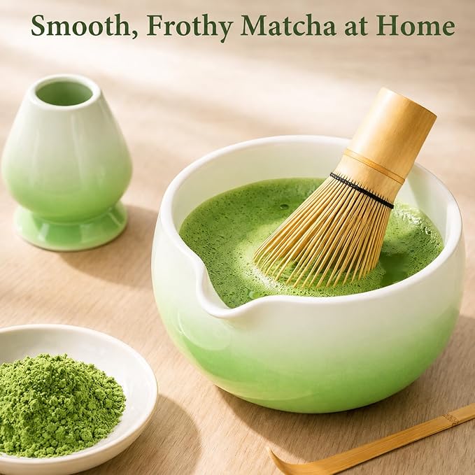 Matcha Whisk Set, Ceramic Matcha Set Includes Bowl & Holder, Bamboo Whisk (Chasen), Scoop, Spoon and Sifter, 6PCS Matcha Kit Covers Everything Needed for Making Matcha (Green)