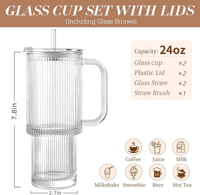 Iced Coffee Cups with Lids 2Pcs: Ribbed Glass Tumbler with Straw and Lid 24oz - Coffee Bar Accessories - Glass Cups and Tumblers with Lids and Straws - Tumbler Leak Proof - Coffee Tumbler with Handle