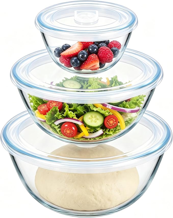 E-far Glass Mixing Bowls with Airtight Lids Set, 4.8,2.9,0.8 Qt Thick Glass Salad Bowls for Cooking Prep Serving, Large Clear Nesting Bowls for Storage Sourdough Proofing, Dishwasher Safe, 3 Pack