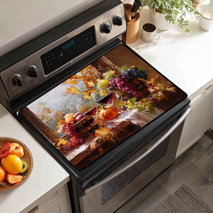 Autumn Stove Top Cover for Electric Stove,The Harvest Season Glass Top Stove Cover Protector,Red Wine Glasses Glass Cooktop Covers Pumpkins Kitchen Flat Electric Stove Top Covers