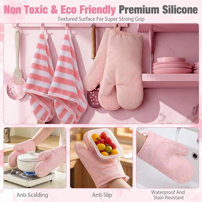 Zubebe Pink Oven Mitts and Pot Holders with Kitchen Towels Set of 7, Valentine's Day Gift for Women Heat Resistant Oven Gloves Kitchen Hand Towels Hot Pads for Cooking Baking(Heart)