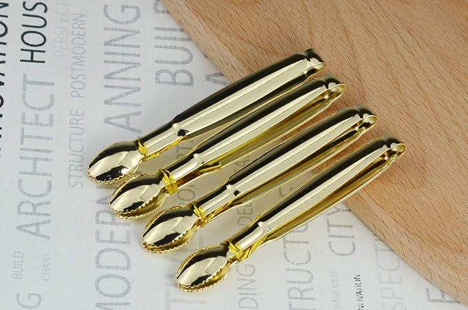 HINMAY Gold Plated Mini Serving Tongs 4-Inch Sugar Cube Tongs, Set of 4 | Stainless Steel Small Ice Tongs for Serving, Tea Party, Coffee Bar, Desserts