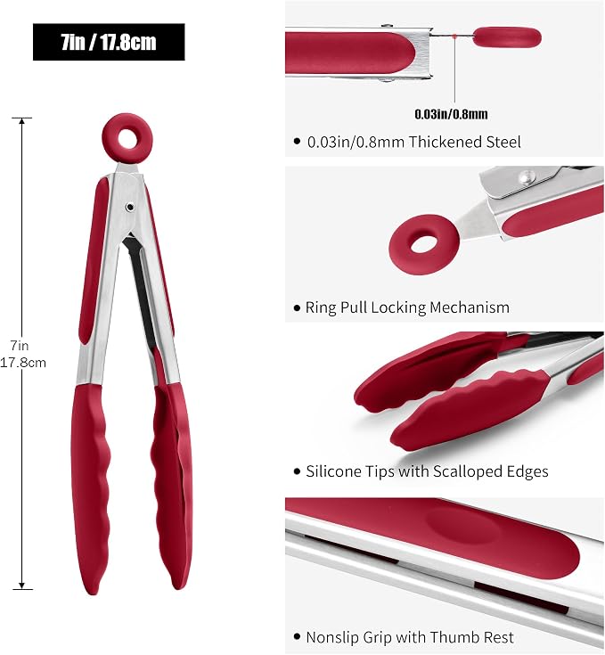 Doosu Kitchen Tongs with Silicone Tips for Cooking Serving (7in, Red) | 600°F Heat Resistant Food Tong, Heavy Duty Stainless Steel Locking Tong for BBQ, Grilling Steak, Salad, Toast, Pasta