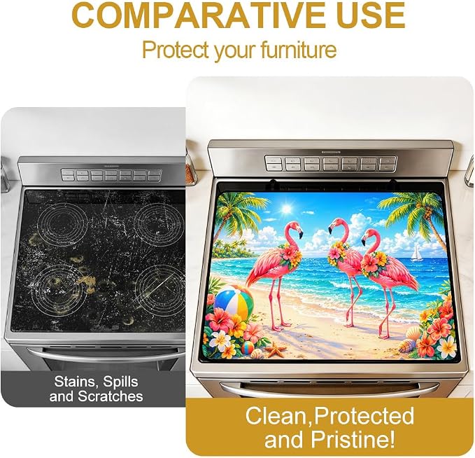 Tropical Flamingo Stove Top Cover for Electric Gas Glass Top Stove | Pink flamingo tropical beach kitchen decor; non-slip stovetop cover, glass cooktop counter mat, summer coastal decor