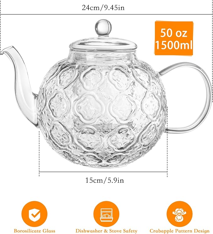 Glass Teapot with Removable Infuser-1500ml/50oz Clear GlassTea Pot for Stovetop, Borosilicate Microwave-Safe Glass Tea Kettle & Tea Maker for Blooming & loose Tea