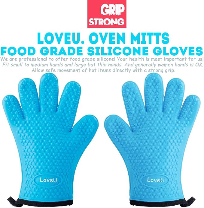 Silicone Oven Mitts Gloves - Heat Resistant, Non-Slip for BBQ, Grilling | 450°F Double-Layer｜Waterproof Kitchen Cooking Barbecue Mittens ｜5 Finger Hot Mitt for Baking, Smoker& Cast Iron(One Size)