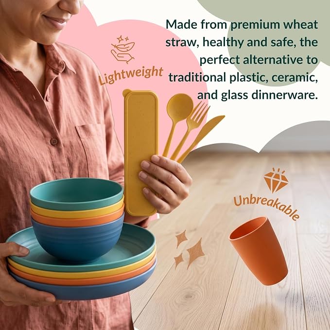 Wheat Straw Dinnerware Sets 28 PCS Lightweight Plates and Bowls Sets Unbreakable Microwave & Dishwasher Safe Dish Set with Utensils Reusable Dishes Set for Kitchen, Camping, RV, Party (Multi)