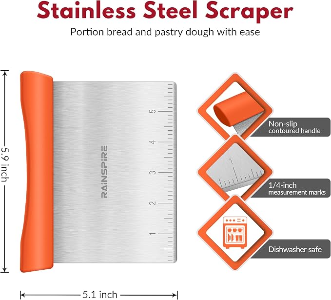 Upgraded 304 Stainless Steel Multi-Purpose Bench Scraper with Measurement Marks, Dishwasher Safe, Dough Cutter for Pizza, Bread and Cookie Dough Vegetable Chopper, Baking Supplies, Orange