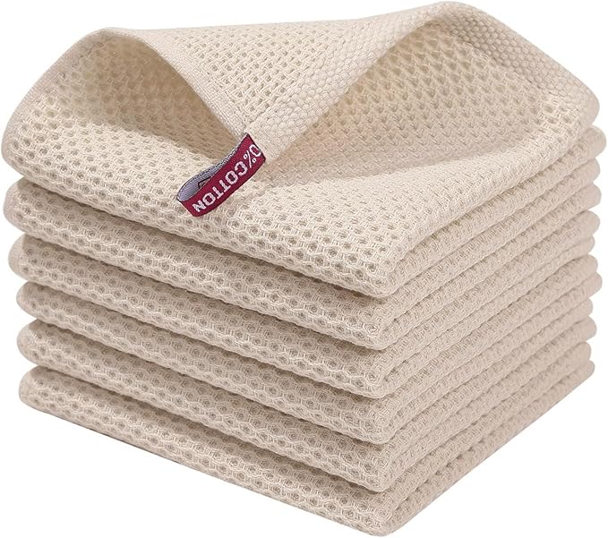 Homaxy 100% Cotton Waffle Weave Kitchen Dish Cloths 6-Pack, Beige | 12 x 12 Inches, Ultra Soft Absorbent Dish Towels, Quick Drying Dish Rags with Hanging Loop