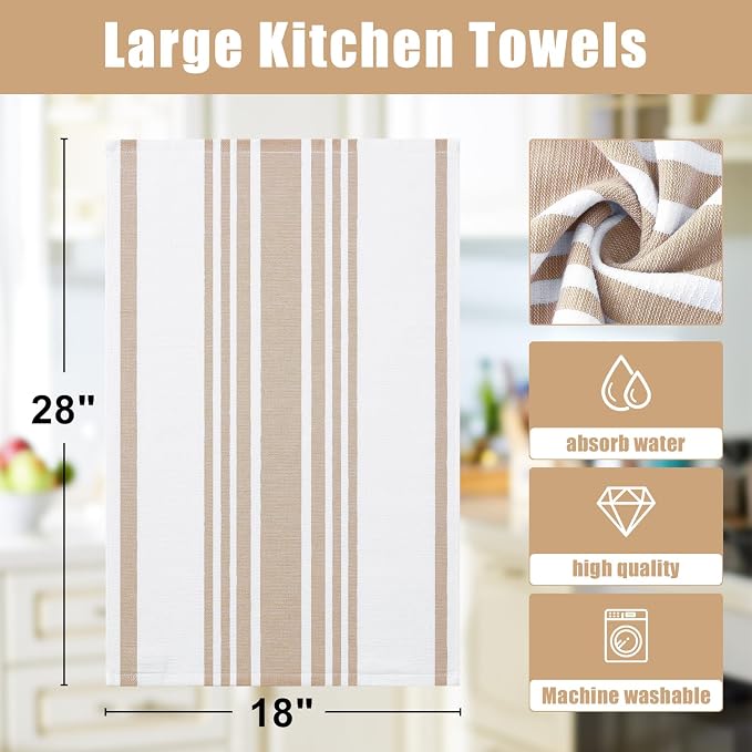 Homaxy Premium Cotton Stripe Kitchen Towels 6 Pack, 18"x 28", Khaki | Large 380 GSM Kitchen Hand Towels, Soft Terry Dish Towels, Highly Absorbent Tea Towel Set with Hanging Loop
