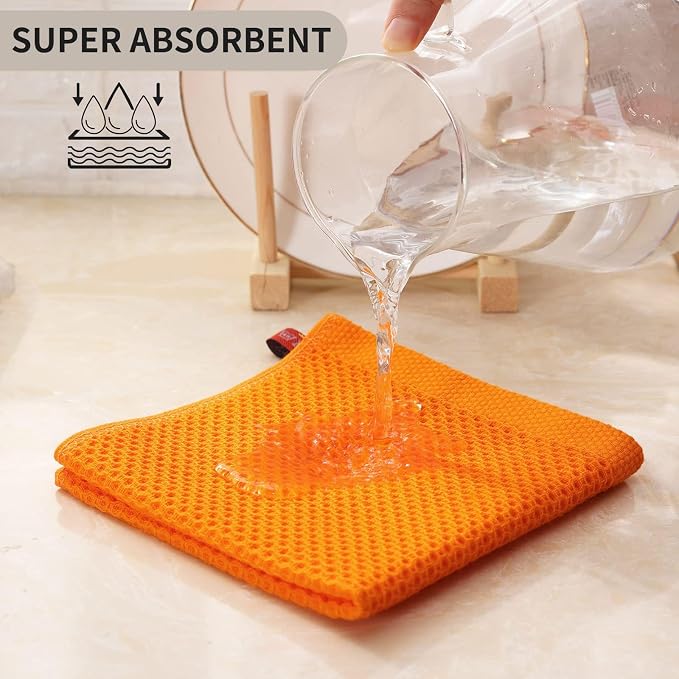 Kitinjoy 100% Cotton Waffle 6-Pack Kitchen Towels, 12" x 12", Orange | Ultra Absorbent, Super Soft, lightweight, Quick Drying Dish Rags for Washing Dishes