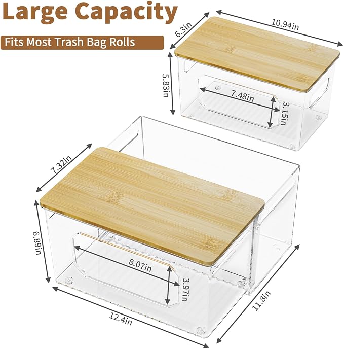 spospo Trash Bag Holder 3-in-1 Under Sink Organizer with Bamboo Lid | Acrylic Trash Bag Dispenser with Pull-Out Basket for Cleaning Supplies, Garbage Bag Holder for Kitchen Laundry Room Storage