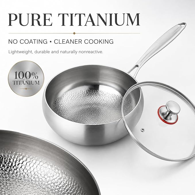Titanium Hammered Pan with Lid, Thickened Multi-Layer Stock Pot, Titanium Wok Pan, Scratch-Resistant Non Stick Titanium Frying Pans, Even Heating for Cooking,11.02in