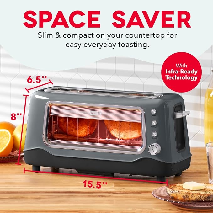 DASH Clear View Toaster: Extra Wide Slot Toaster with See Through Window - Defrost, Reheat + Auto Shut Off Feature for Bagels, Specialty Breads & other Baked Goods - Grey