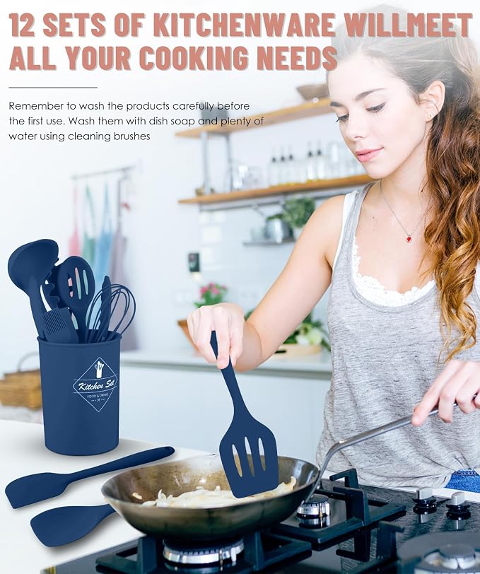 Blue Kitchen Utensils Set-12 Pieces Silicone Cooking Utensils Set | Dishwasher Safe 392°F Heat Resistant Spatula Set Kitchen Utensil Set for Nonstick Cookware,Best Kitchen Tools with Holder
