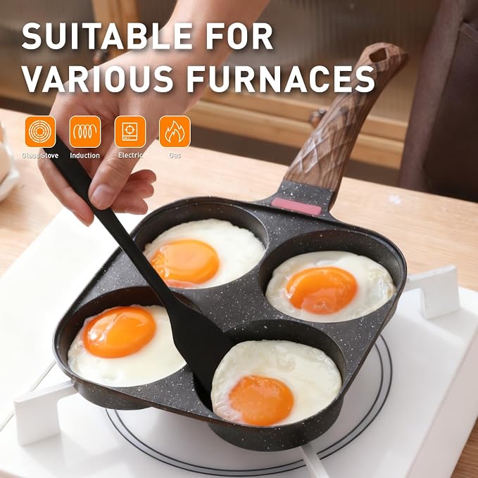 4 Cup Egg Pan with Lid, Nonstick Fried Egg Skillet for Breakfast, Black | Aluminum Non Stick, Bakelite Handle, For Pancake, Burger, Sandwiches, Suitable For Gas Stove & Induction Cooktop