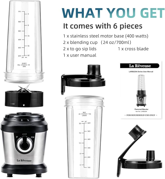 La Reveuse Smoothie Blender with 2 x 24oz To-Go Cups, 400W, Stainless Steel | Personal Size For Protein Shakes, Smoothies, Ice Crushing, BPA-free Cups and Spout Lids, Dishwasher Safe, 1 Speed and Pulse