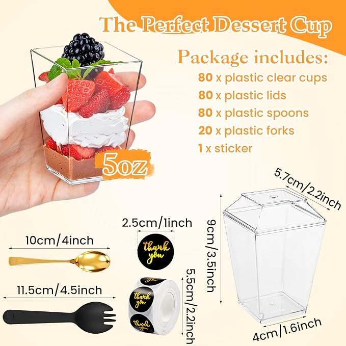 260 Pcs 5oz Clear Plastic Dessert Cups with Lids & Spoons – BPA-Free Mini Parfait Cups for Mousse, Yogurt, Ice Cream, Pudding – 20 Extra Forks, Reusable or Disposable