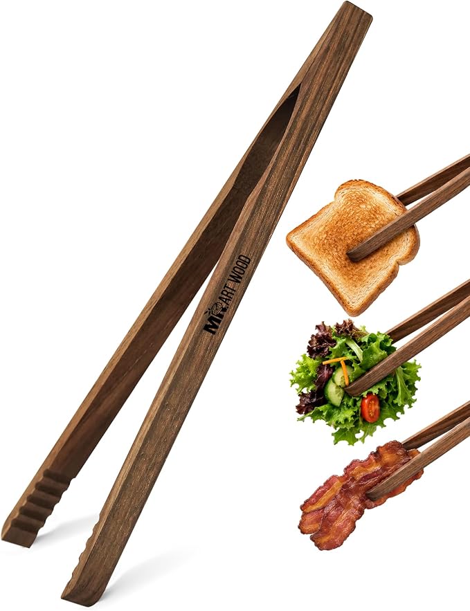 Wooden Tongs for Cooking – Set of 4 | Toaster Tongs & Salad Tongs | 10 Inch Wood Kitchen Tongs for Serving Food, Charcuterie & BBQ | Dark Hardwood | Heat Resistant