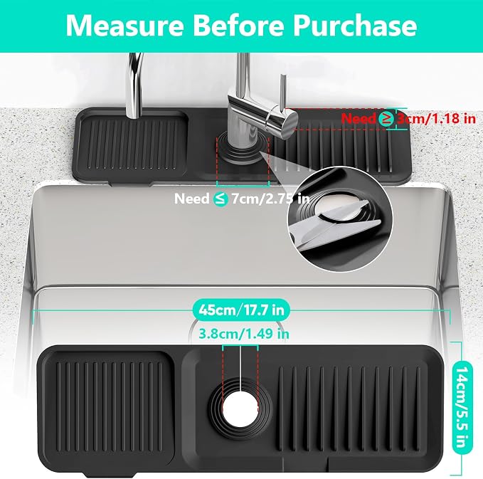17.7inch Faucet Mat for Kitchen Sink [5°Slope Fast Self-draining] Kitchen Sink Splash Guard Silicone Kitchen Sink Faucet Mat Splash Guard for Kitchen Sink Area Tidy Splash Faucet Guard Draining Mat