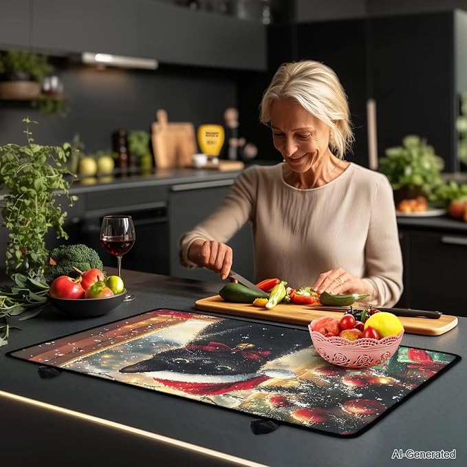 Christmas Cat Silicone Stove Top Cover, Stove Top Cover for Electric Stove(30"x21"), Thick Insulation Mat for Countertop, Anti-scalding Dish Drying Mats for Kitchen, Easy to Clean