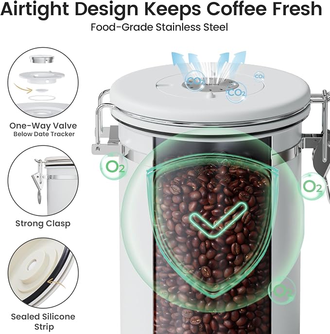 Veken Coffee Canister with Window, Airtight Stainless Steel Container, 22OZ | Date Tracker,Kitchen Food Storage Organizers for Beans, Ground, Espresso, Rice,Tea, Sugar,Cereal, Gifts,Lids,Jars,Scoop,White
