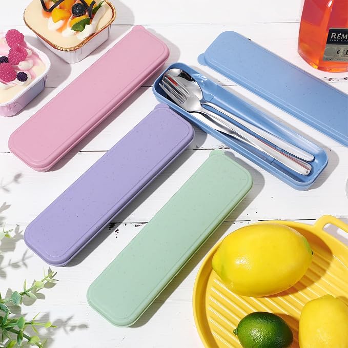 4 Pack Travel Silverware Set with Case for Lunch,Pastel | Reusable Utensils with Case, Portable Flatware, Camping Cutlery, Fork Spoon Knife, for Work School, Dishwasher Safe