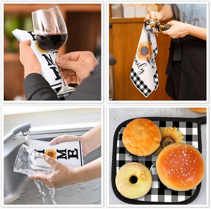 5 Pcs Buffalo Plaid Kitchen Towels Oven Mitts and Pot Holder Set,Sunflower | Sunflower Checkered Kitchen Decor, Black White Kitchen Towel Oven Glove, Sunflower Farm House Accessory Decor, High Quality