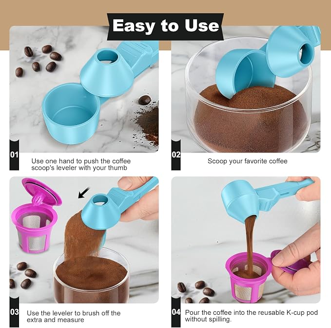 Coffee Scoop & Funnel for Reusable K Cup Refillable Coffee Pods, Coffee Measuring Spoon 2 Tablespoon Capacity, Scoop with Funnel for Ground Coffee, Protein Powder, Tea (Blue, 1 Pack)