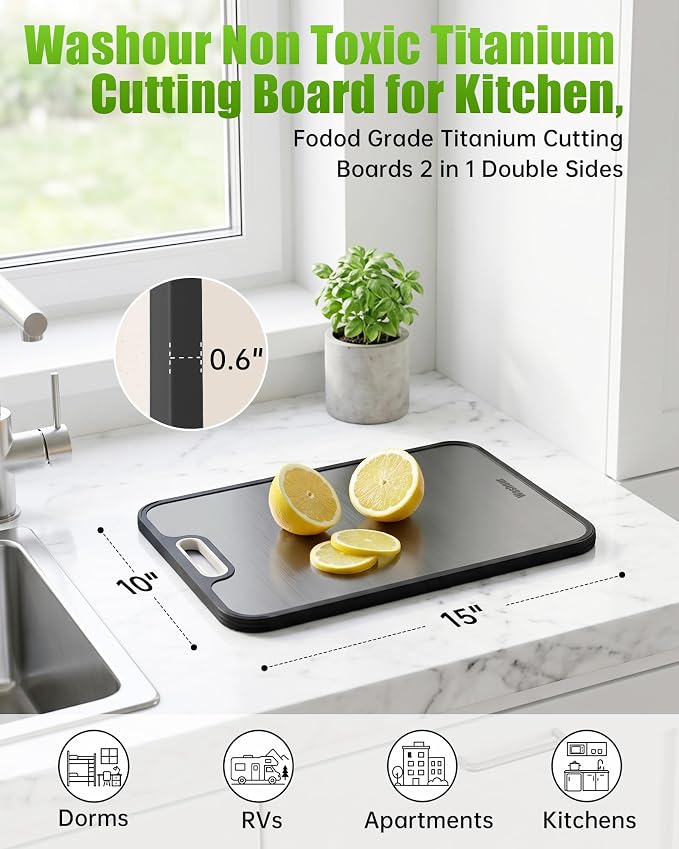 Non Toxic Titanium Cutting Board for Kitchen, Food Grade Titanium Cutting Boards 2 in 1 Double Sides, Non Slip Cutting Mat 15" x 10"
