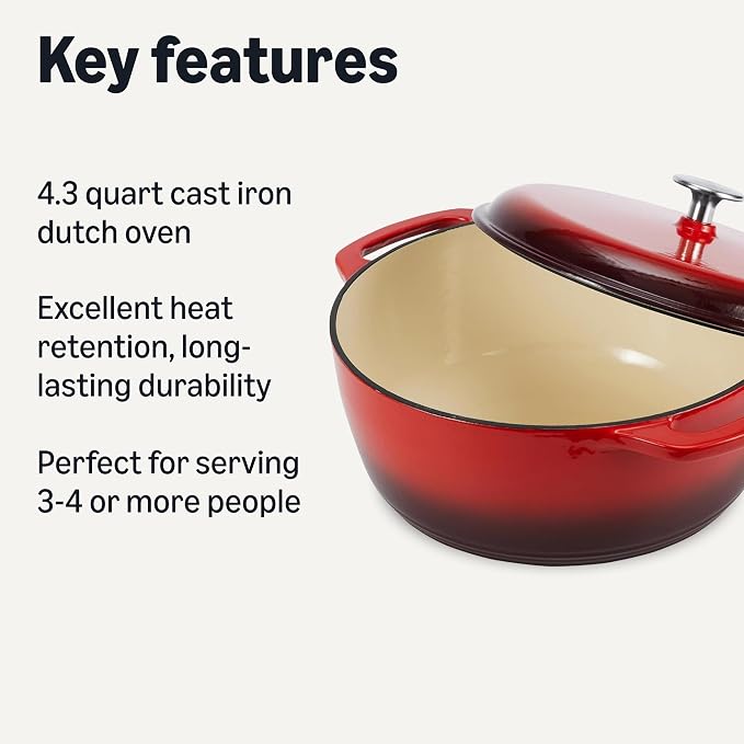 Amazon Basics Enameled Cast Iron Dutch Oven Pot with Lid, Round, Dual Handles, Heavy-Duty, Oven Safe for Stews, Roasting, Baking, 4.3-Quart, Red