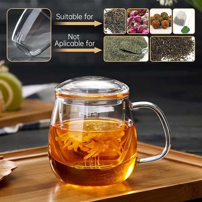 DOPUDO Glass Teacups 4 Pack Glass Tea Cup with Infuser and Lid, 17.6oz/520ml Large Borosilicate Teacup,Tea Clear Mug Cup for Loose Leaf Blooming Tea, Microwave & Dishwasher Safe.