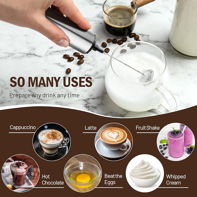 Milk Frother Wand for Coffee,Foamer,Latte,Cappuccino,Chocolate,Egg(Silvery) | Rechargeable Electric Handheld Frother Whisk with 5 Heads 2 Speeds