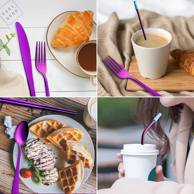 Travel Utensils Set with Case Reusable Portable Cutlery Set Stainless Steel 8pcs Including Dinner Knife Fork Spoon Chopsticks straws (Purple) | Dishwasher Including Dinner Knife Fork Spoon Chopsticks Straws Travel Fork Spoon Knife for Work, School, Cam...