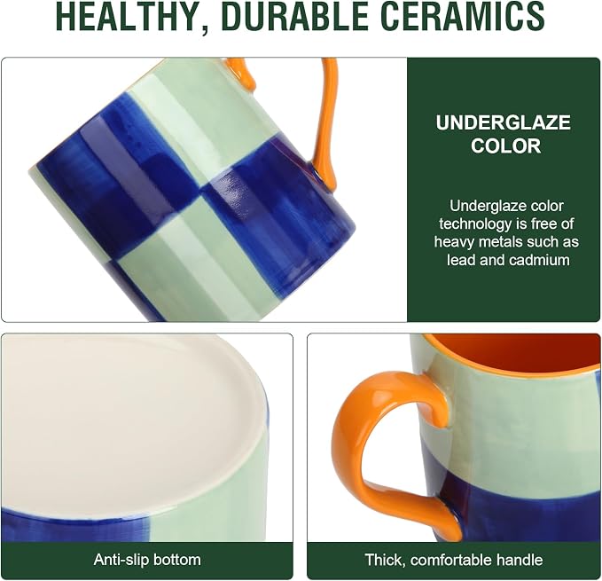 Koja Colorful Hand Painted Ceramic Mugs, 16 oz, Set of 4, Dishwasher Safe | Also microwave safe. Colorful hand painted set makes a great gift for coffee or tea lovers.