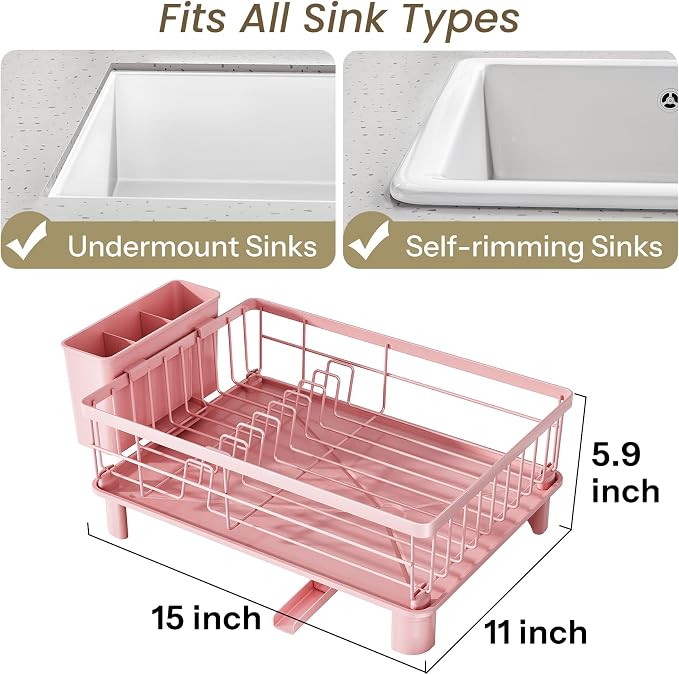 SNTD Dish Drying Rack for Small Kitchen Counter, 11" W x 15" L, Pink | Space Saving, Rotating Spout & Angled Drainboard for Quick Drainage, Stainless Steel, Removable Utensil Holder