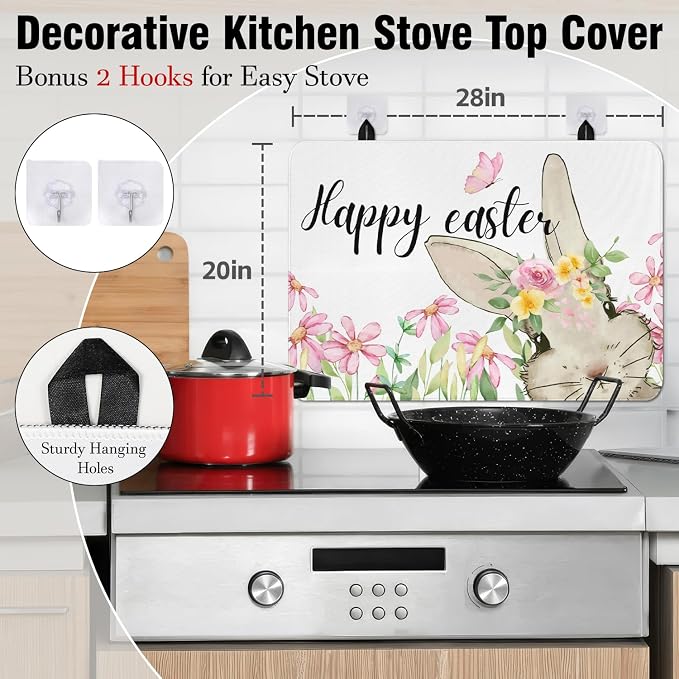 Happy Easter Glass Stove Top Covers for Electric Stove,Spring Bunny Rabbit Flowers Floral Cute Heat Resistant Cooktop Protector Non-Slip Washable Dish Drying Mat Rug Pad for Kitchen Decor 28"x20"