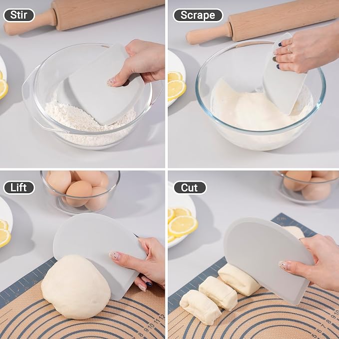 Silicone Dough Scraper with Metal Core Flexible Bowl Scraper Bread Baking | With Stainless Steel Sheet, Curved Edge Food Grade Silicone Bench Scraper for Sourdough Bread, Set of 2, Gray & Purple, SAPID