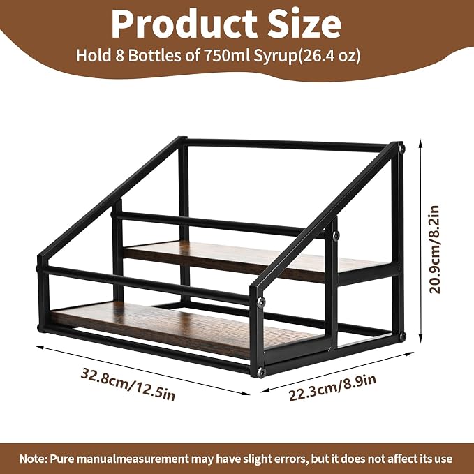 YQBRAO 2-Tier Coffee Syrup Organizer, 8-Bottle Rack, Rustic Brown | Holds up to 8 bottles in two raised rows for coffee bars, kitchens, counters, and beverage stations.