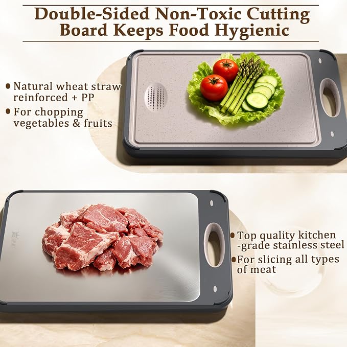Stainless Steel Cutting Board for Kitchen, Non Toxic 2-in-1 Double Sided Design, 304 Food Grade Stainless Steel & Wheat Straw PP, Durable Chopping Board for Meat & Vegetables, 14×9.6 Inch