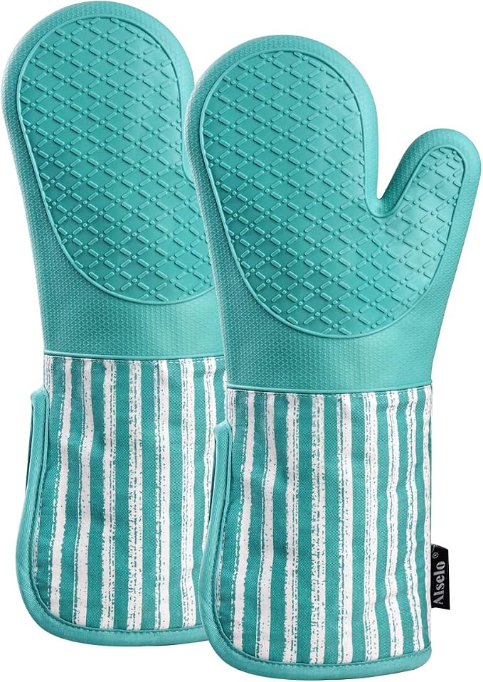 Alselo Silicone Oven Mitts Heat Resistant 932℉ with Waterproof & Non-Slip | Kitchen Mittens Set of 2,Extra Long 7.5"x15" Oven Gloves with Soft Cotton Terry Lining for Baking Cooking BBQ(Green,2)
