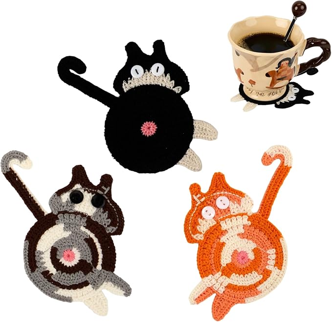 Cat Gifts for Cat Lovers 3PCS Cat Coaster Woven Creative Cat Coaster